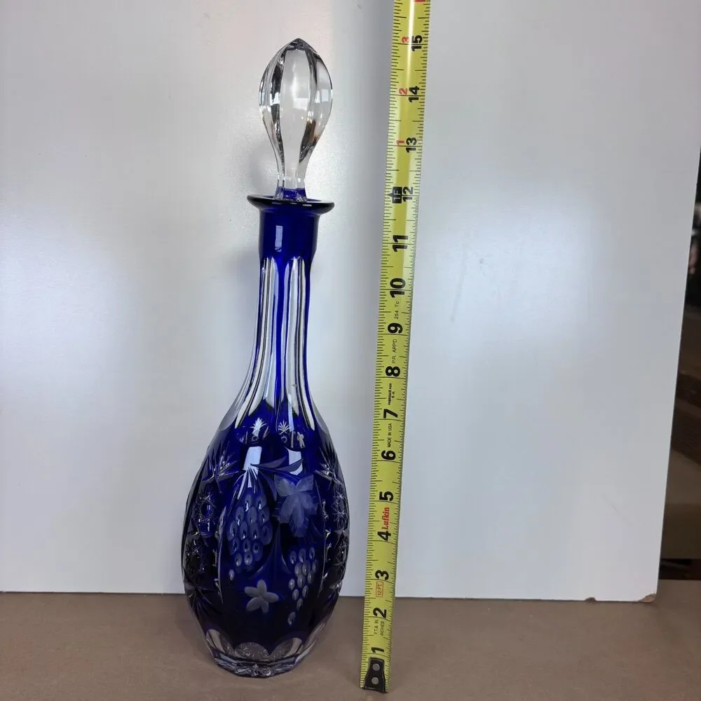 Tall Cobalt Blue Cut to Clear Crystal Decanter w/ Stopper 15” Bohemian Vintage